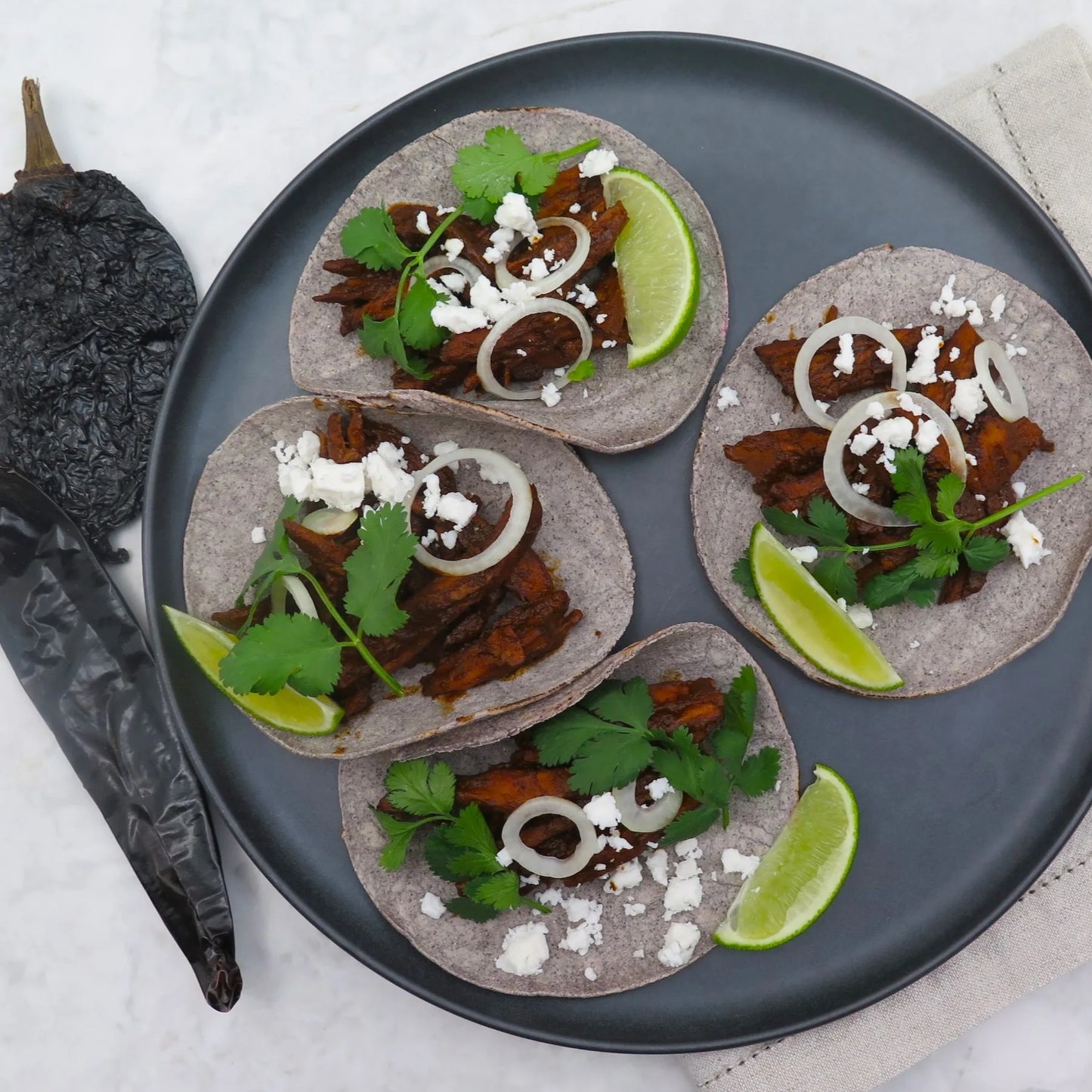 Chickn tacos with blue corn tortillas