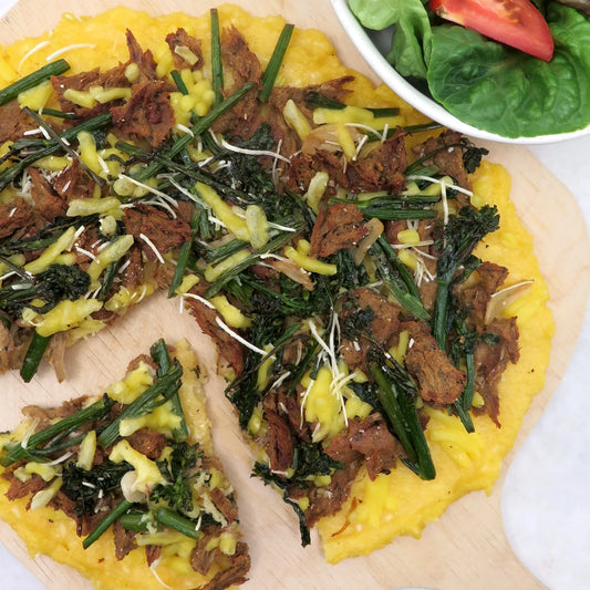 Sausage and broccolini polenta pizza