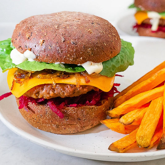 Truffled Froom burger with sweet potato fries