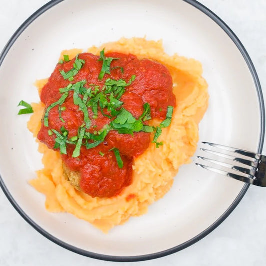 Tempeh meatballs in rich tomato sauce