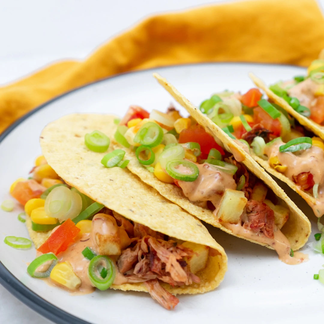 Mexican salsa jackfruit and potato soft shell tacos