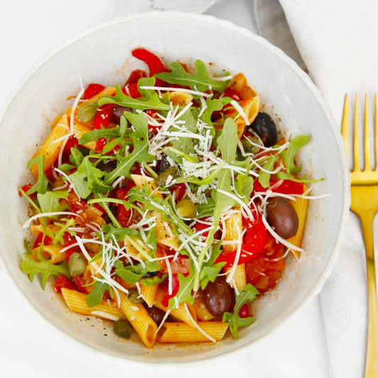 Pasta puttanesca with gluten-free penne