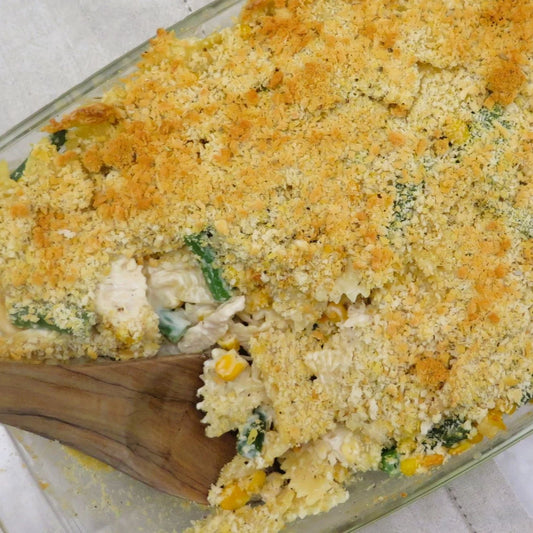 Chickn and sweet corn pasta bake