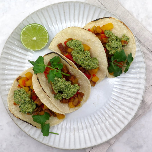 Pumpkin, smoky rasher and capsicum tacos