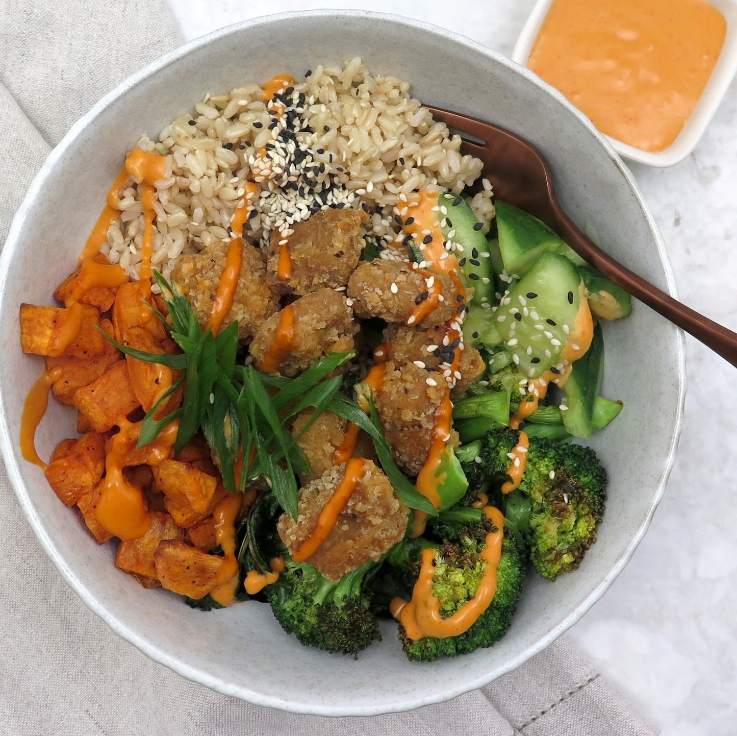 Korean popcorn chickn and veggie bowl