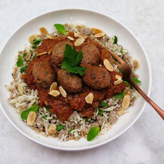 Moroccan meatballs with herbed buckwheat rice blend