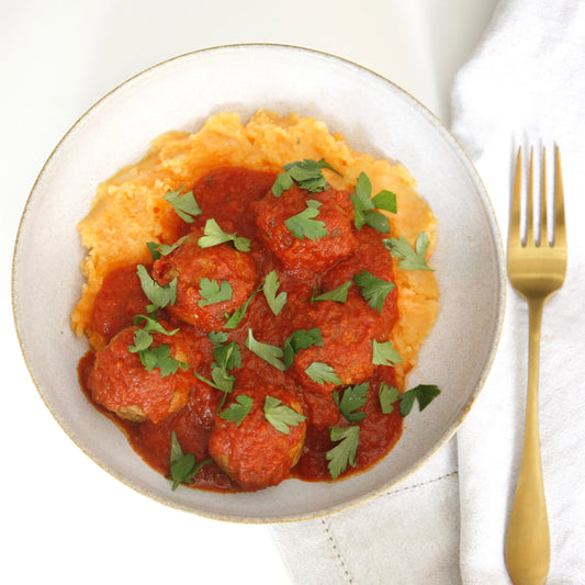 Tempeh meatballs in rich tomato sauce