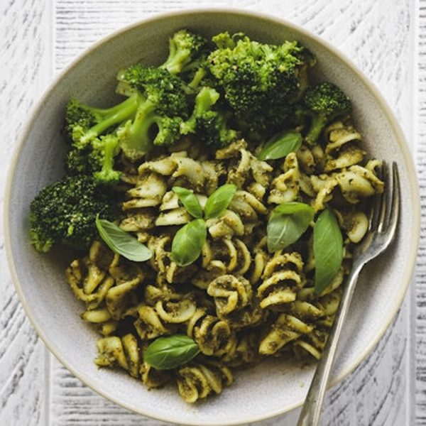 Syndian Basil Pesto Pasta with Steamed Broccoli
