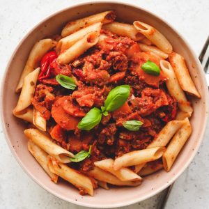 Syndian Bolognese with Gluten-Free Penne Pasta
