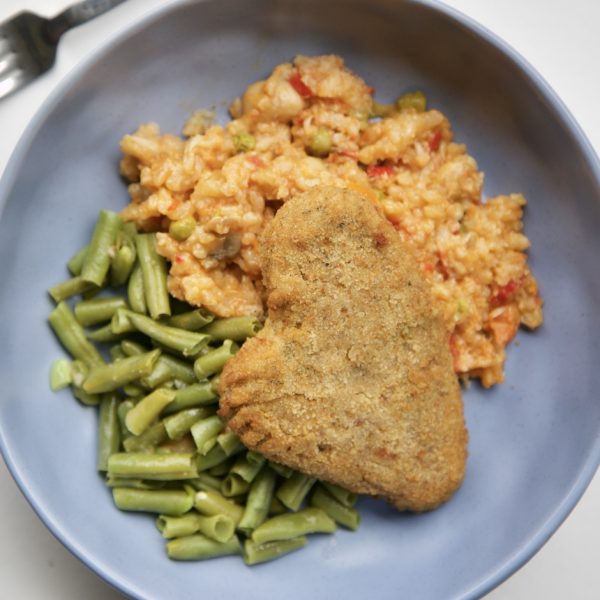 Syndian Vegetable Paella with Original Schnitzel and Braised Green Beans